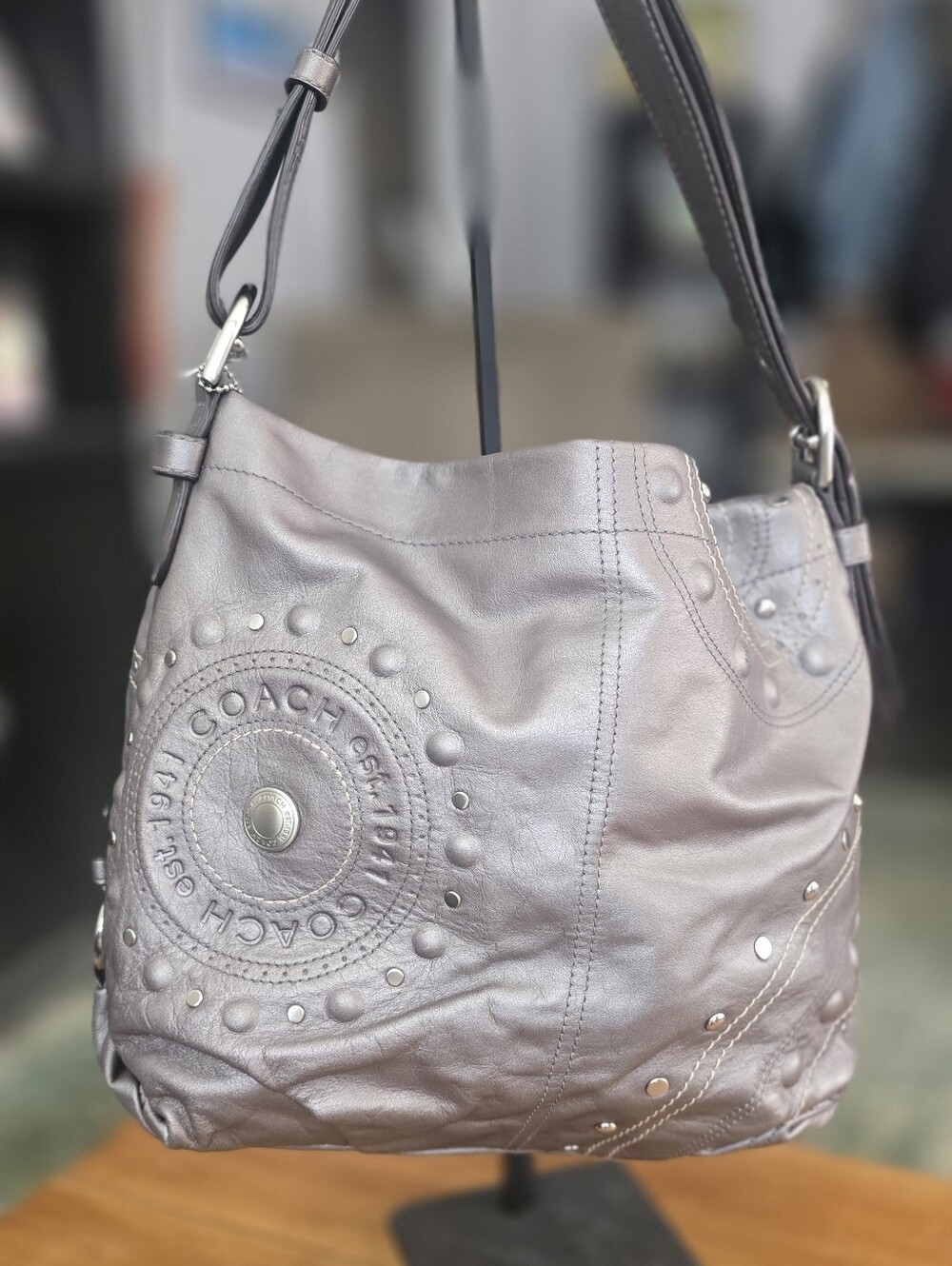 Coach Madison Studded Metallic Leather Slouchy F16178